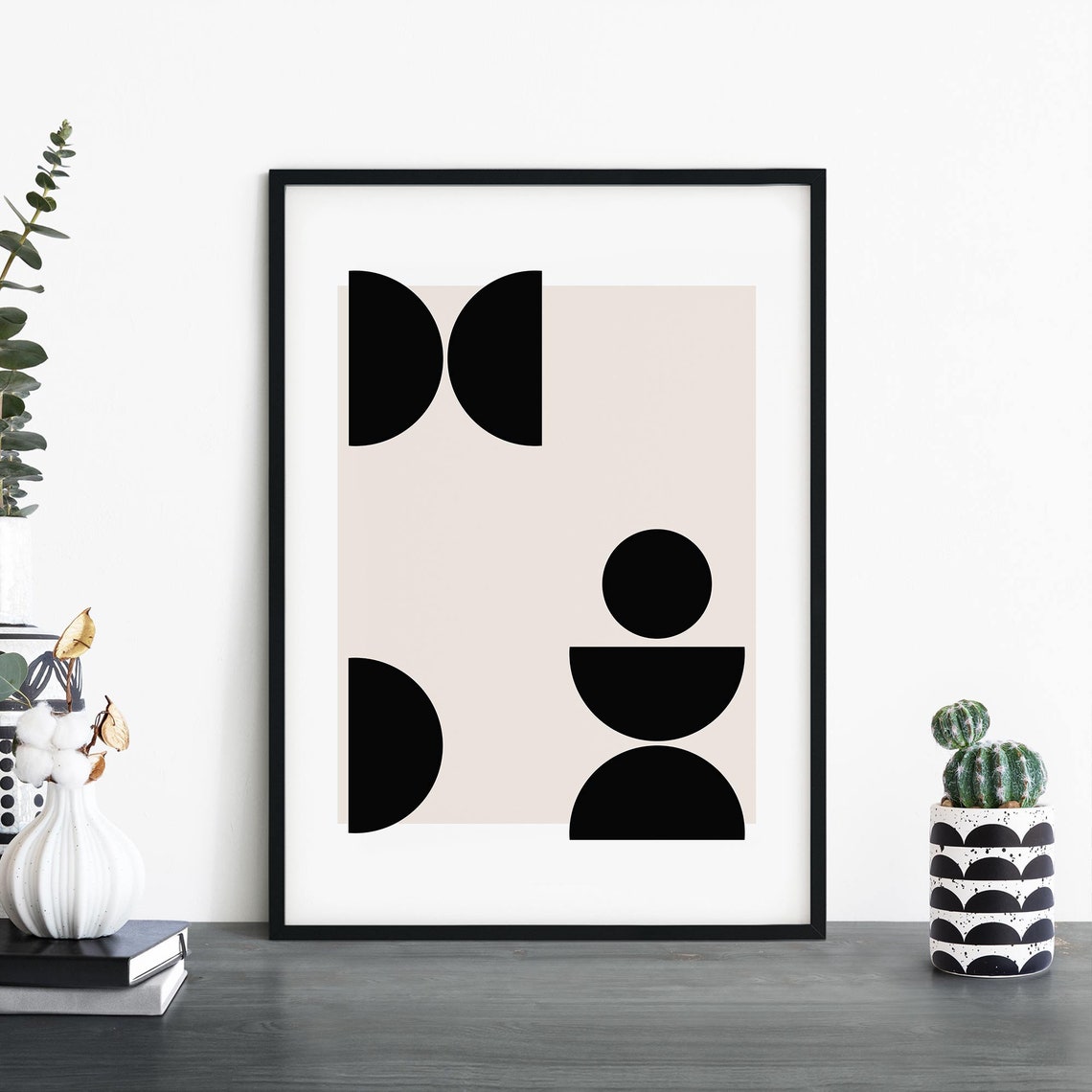 Geometric Black Moon Phases Beige Abstract Minimalist Poster