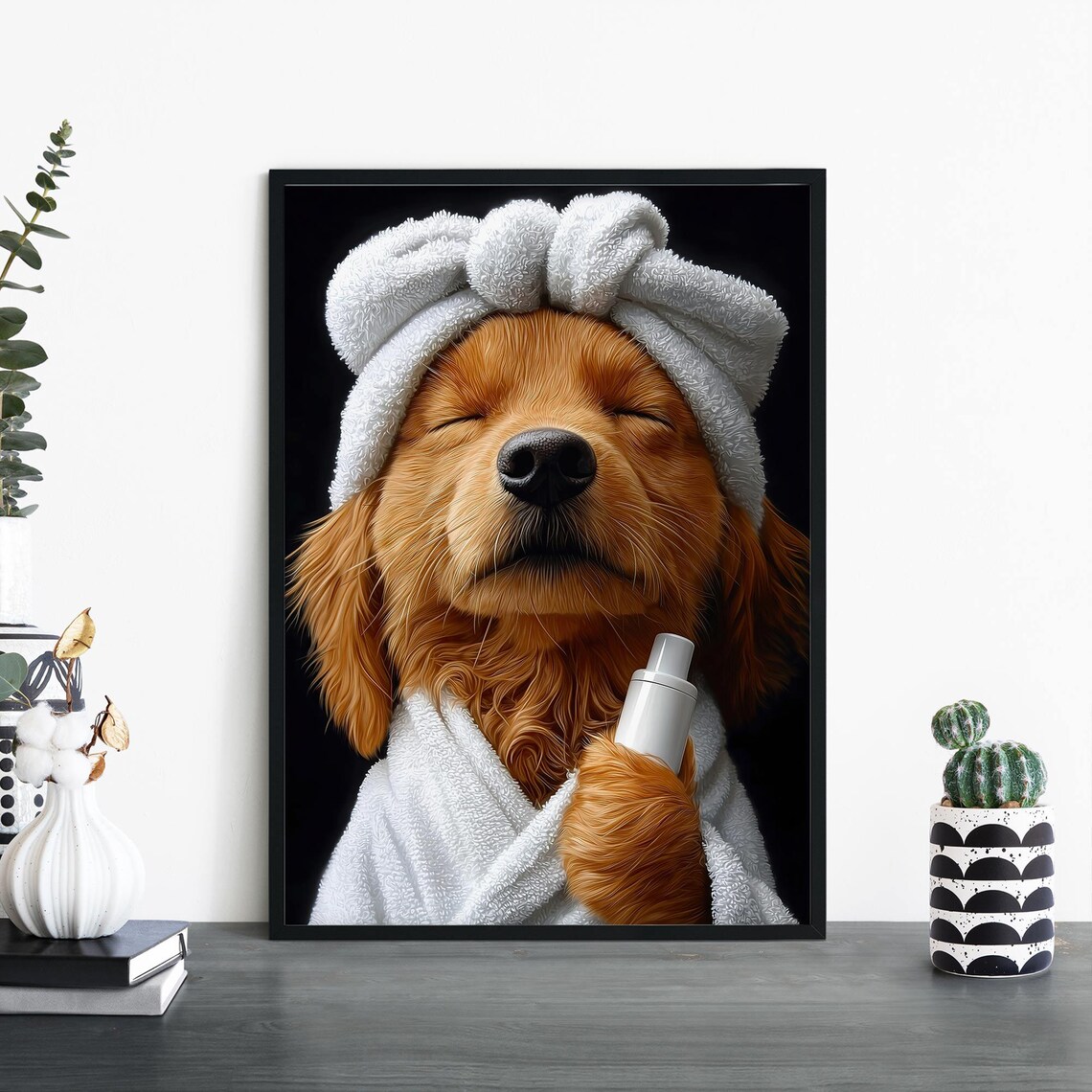 Happy Golden Retriever Spa Day Towel Wrap Bathrobe Smiling Dog Poster