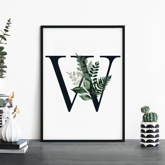 Botanical Letter W Monogram Initial Watercolor Greenery Art Poster