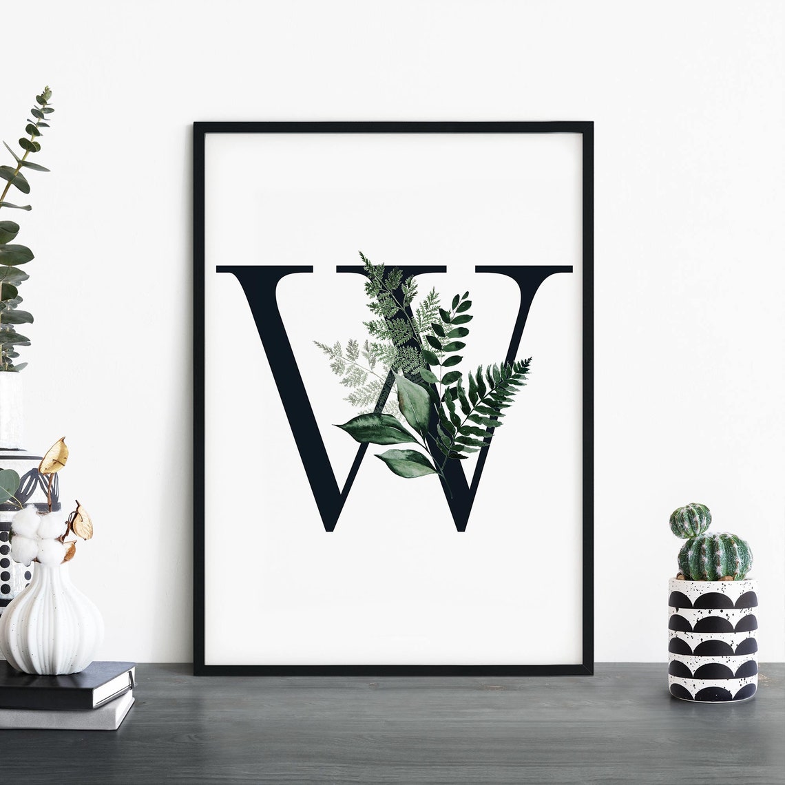 Botanical Letter W Monogram Initial Watercolor Greenery Art Poster