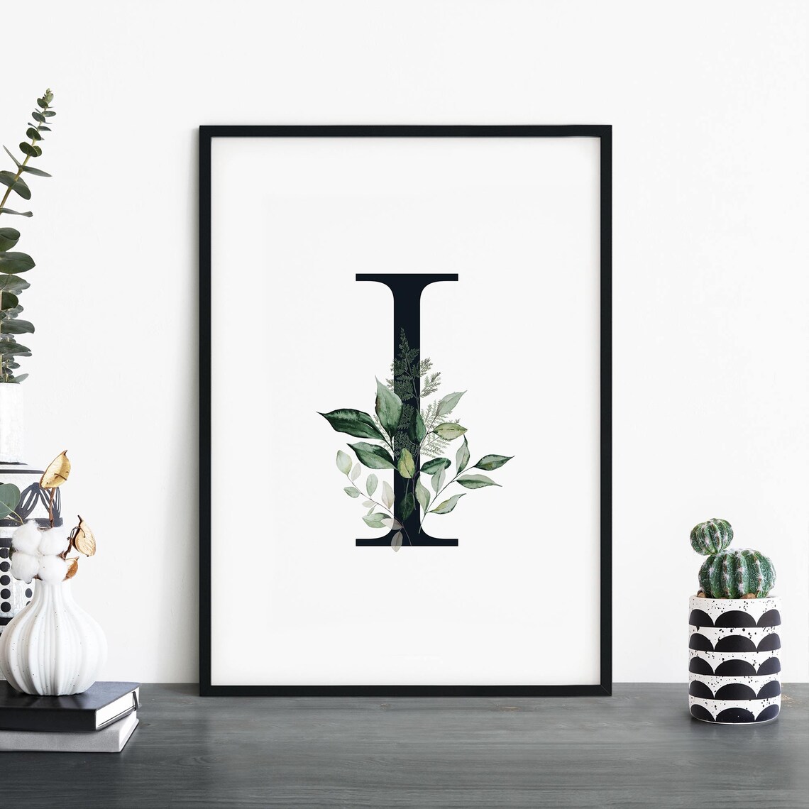 Botanical Letter I Monogram Print with Watercolor Green Foliage