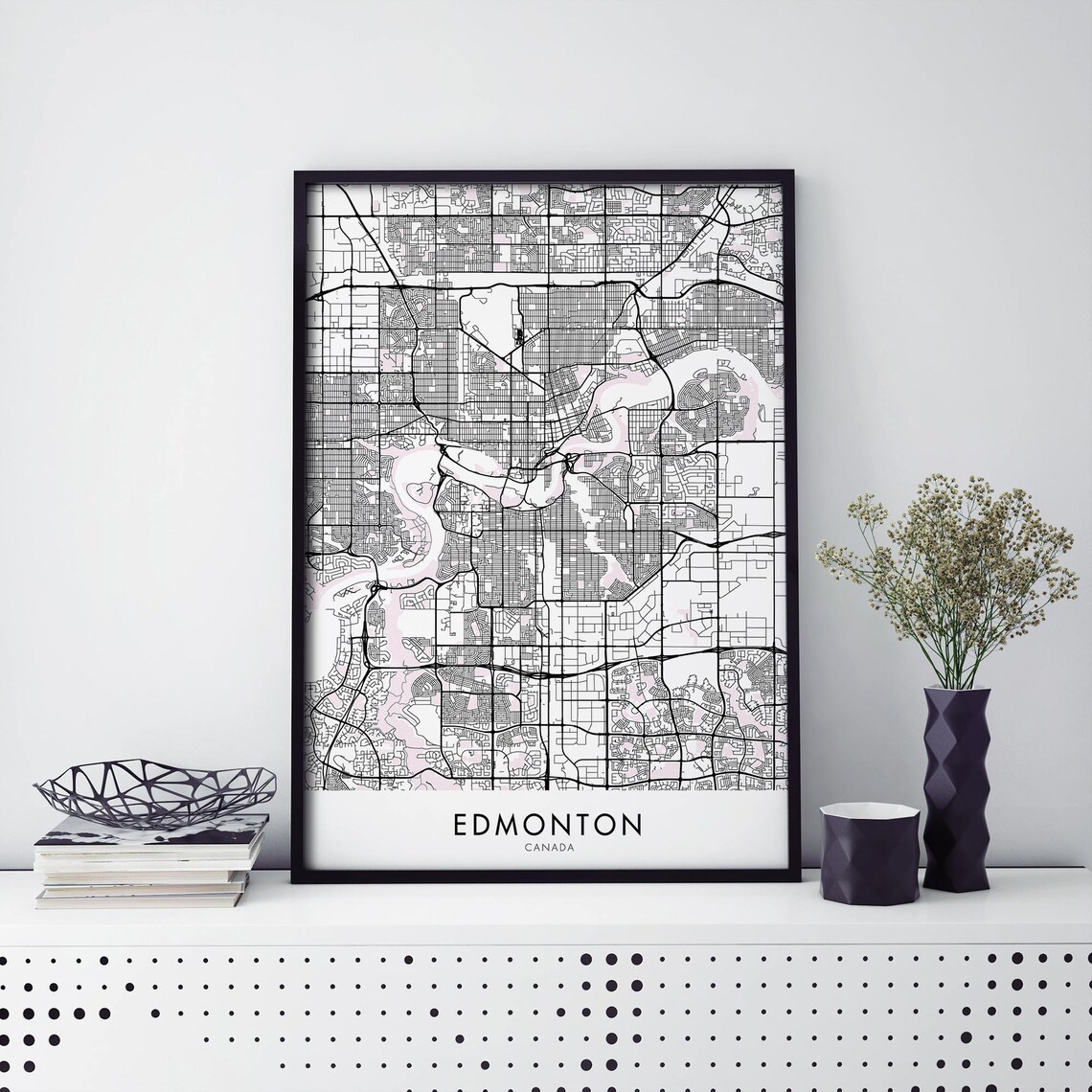 Edmonton Canada Monochrome City Street Map Grid Framed Style Poster