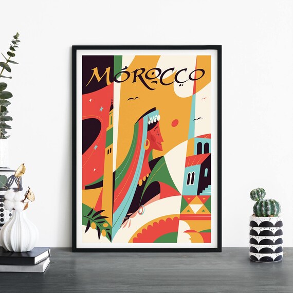 Morocco Traditional Woman Minarets Colorful Retro Travel Poster