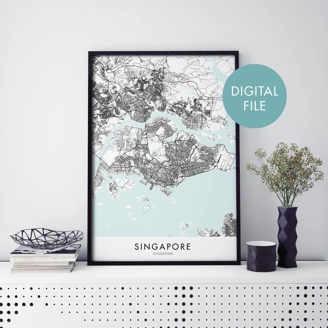 Singapore City Street Map Minimalist Black And White Travel Poster