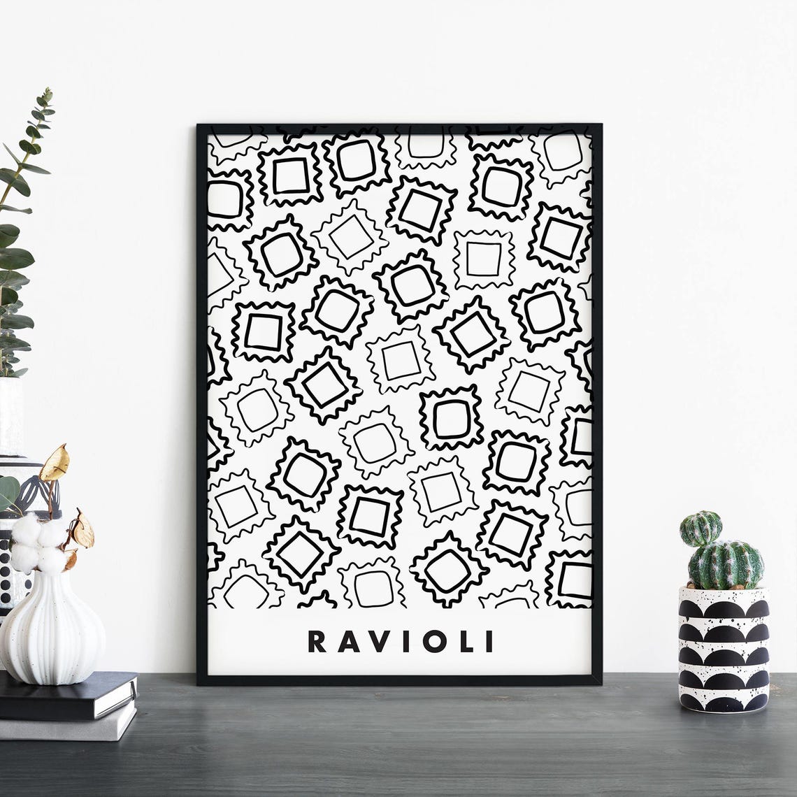Ravioli Pasta Pattern Black And White Minimalist Kitchen Food Poster