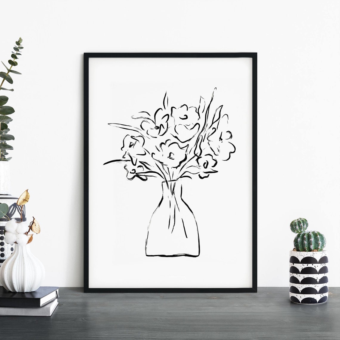 Minimalist Flower Bouquet Line Drawing In Simple Vase Art Poster
