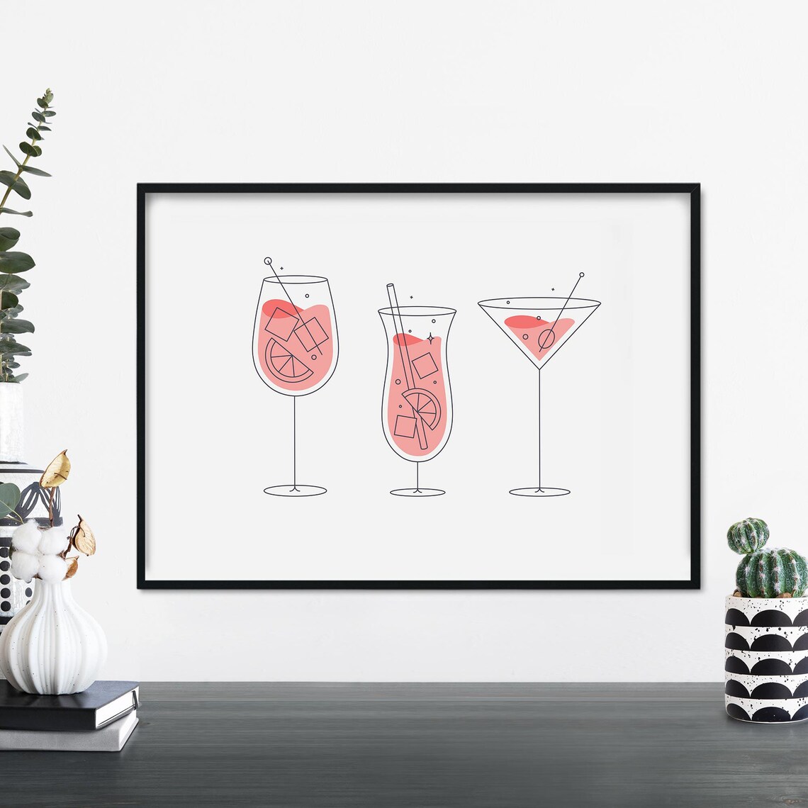 Pink Cocktail Trio Wine Hurricane Martini Minimal Line Poster