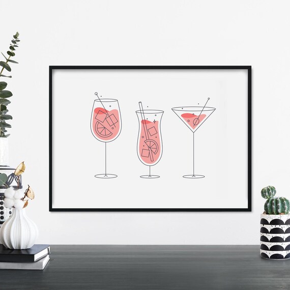 Pink Cocktail Trio Wine Hurricane Martini Minimal Line Poster