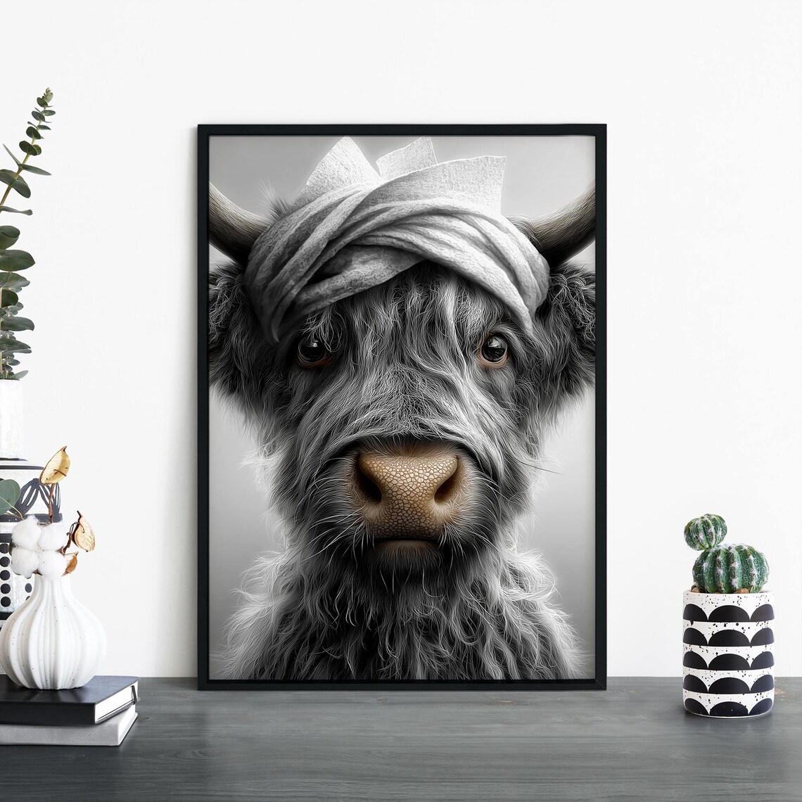 Baby Highland Cow Towel Turban Cute Black White Photo Poster