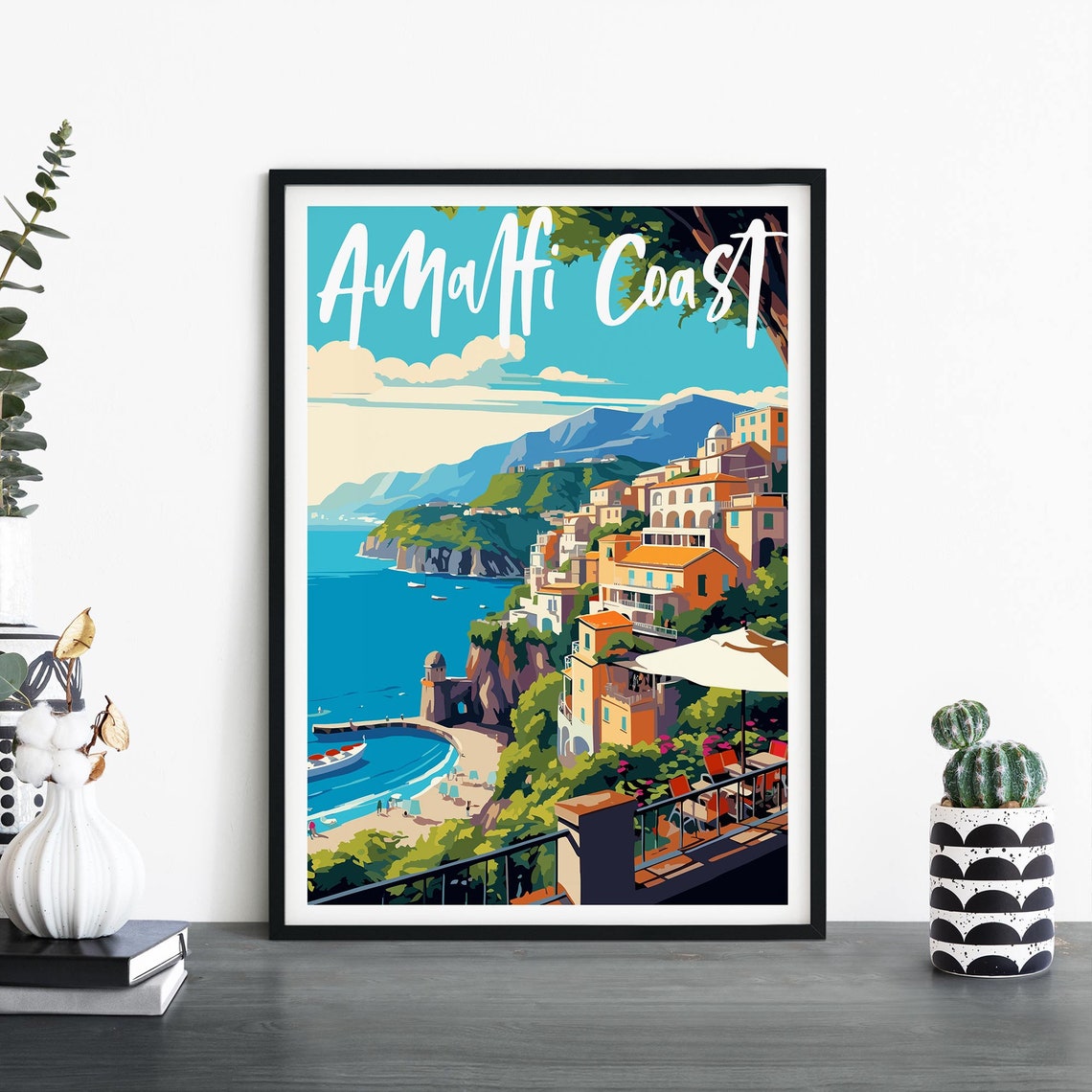 Amalfi Coast Cliffside Village Turquoise Bay Script Travel Poster
