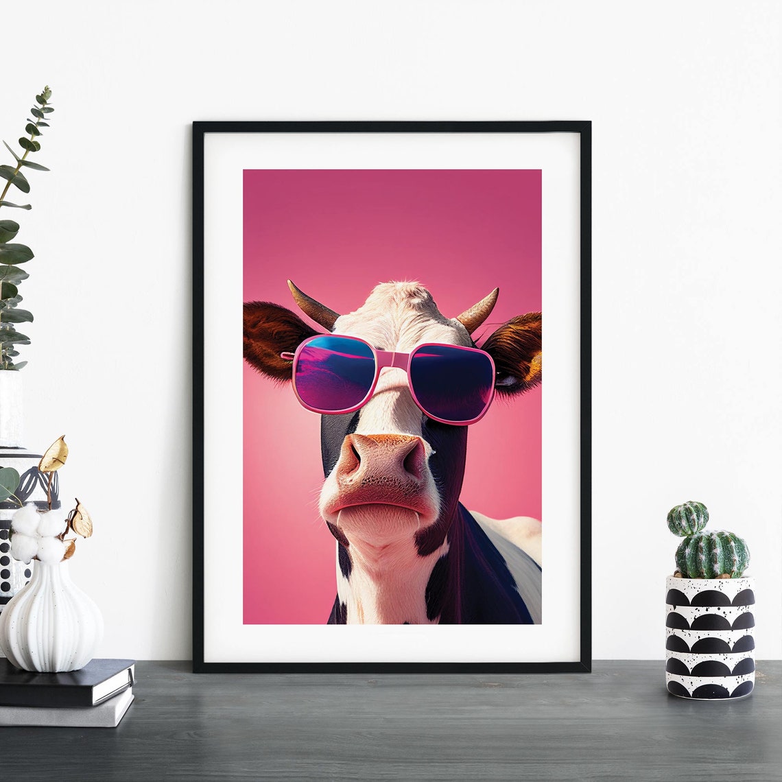 Cool Cow In Pink Sunglasses Magenta Background Funny Cow Poster