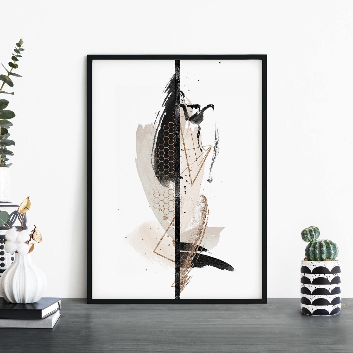 Black and Gold Abstract Brushstroke Vertical Modern Art Poster