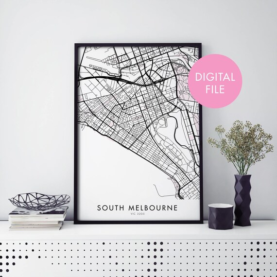 South Melbourne VIC City Map Black White Digital Download Print