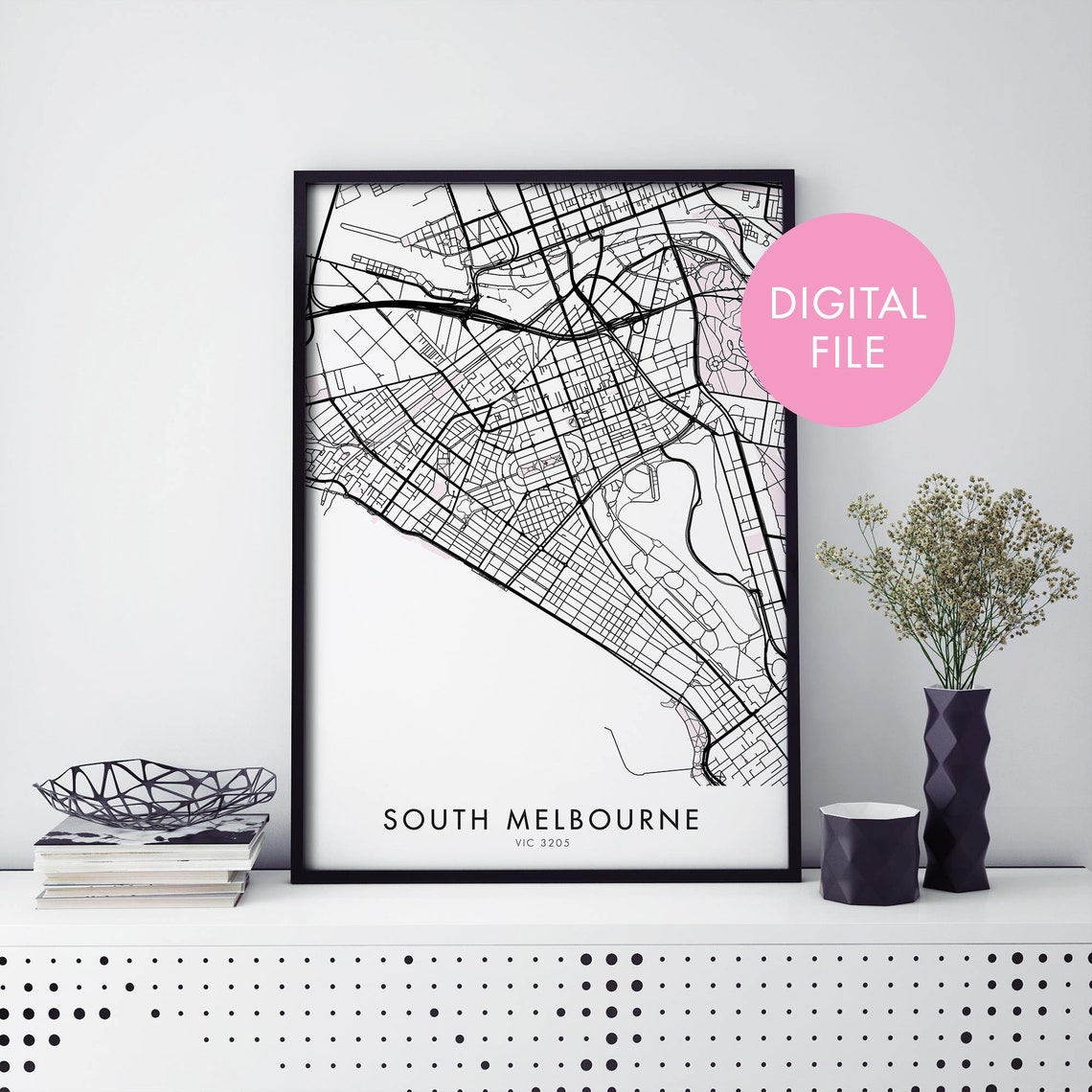 South Melbourne VIC City Map Black White Digital Download Print
