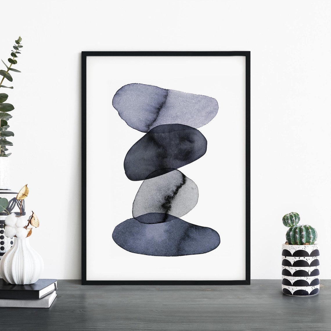Slate Blue Watercolor Stacked Pebble Stones Zen Modern Art Poster
