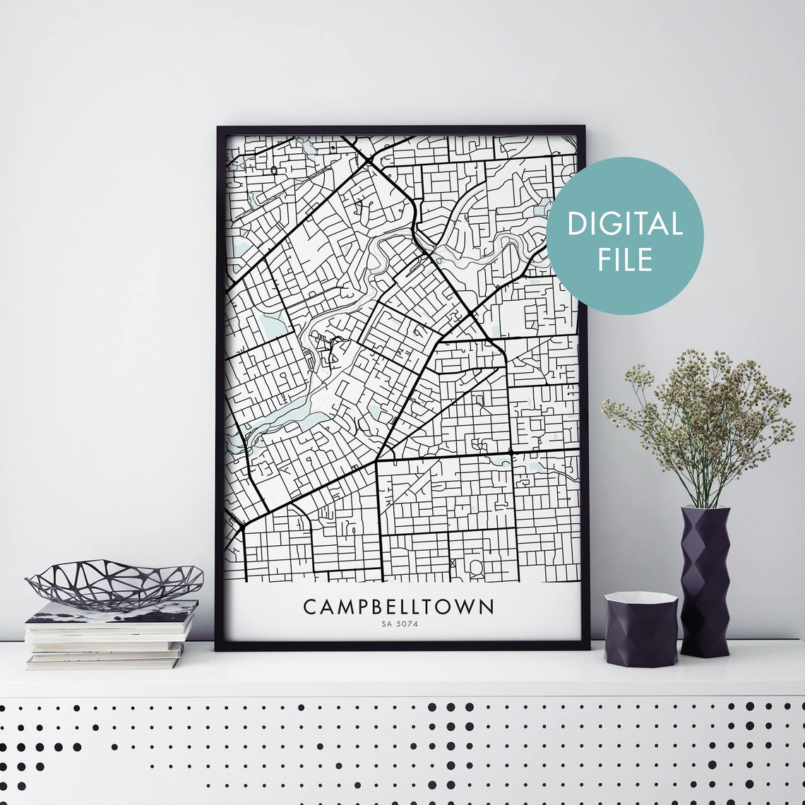 Campbelltown Adelaide Street Map Black And White Modern Wall Poster