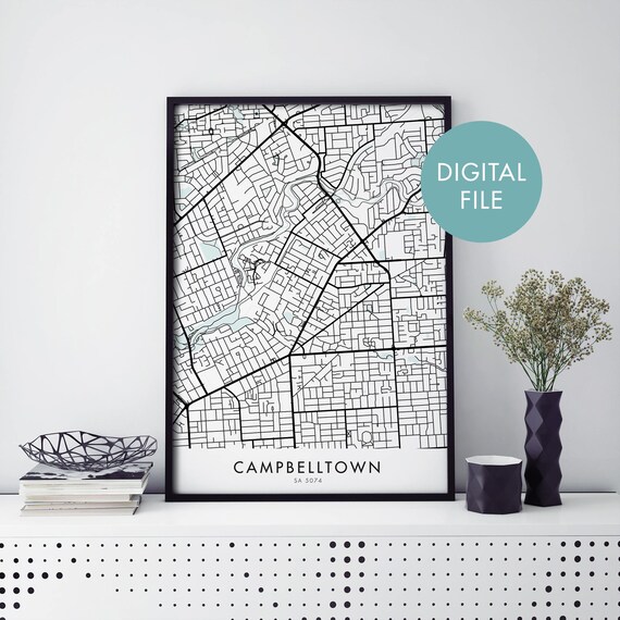 Campbelltown Adelaide Street Map Black And White Modern Wall Poster
