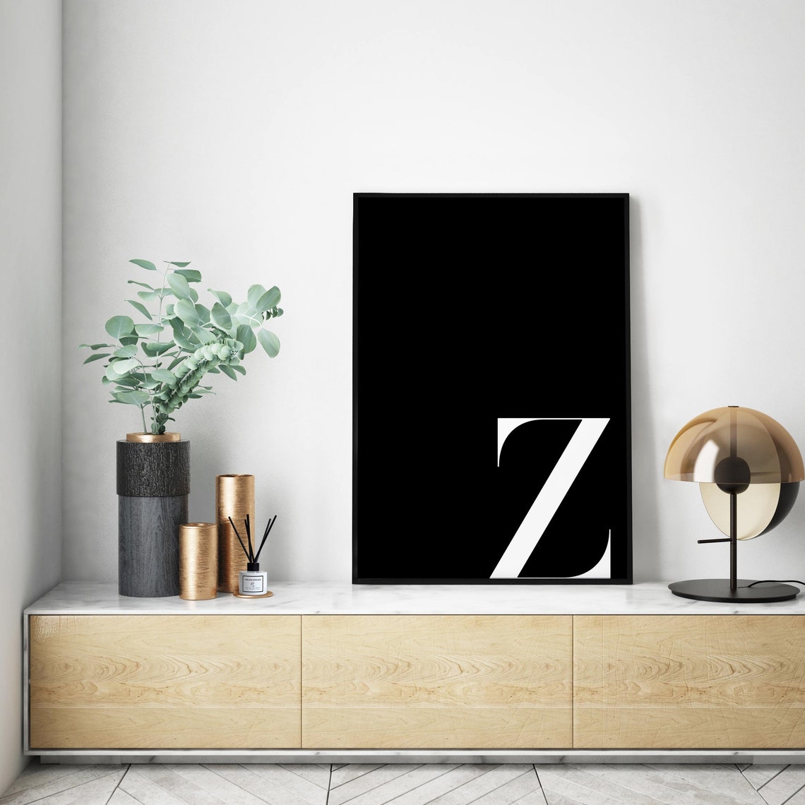 Letter Z Monogram White On Black Modern Serif Typography Wall Poster