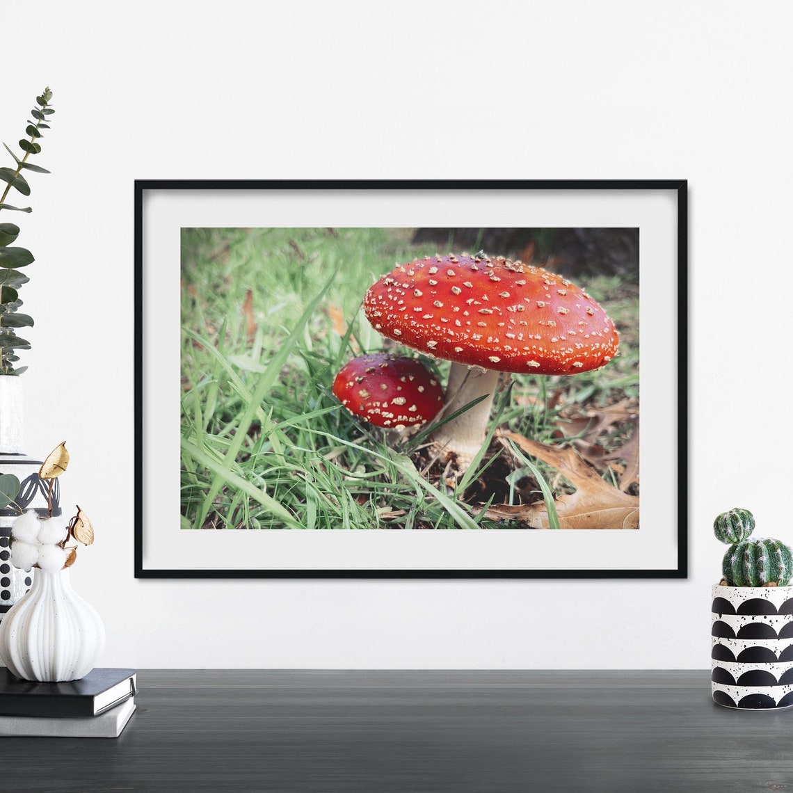 Glossy Red Fly Agaric Mushrooms in Green Grass Nature Poster
