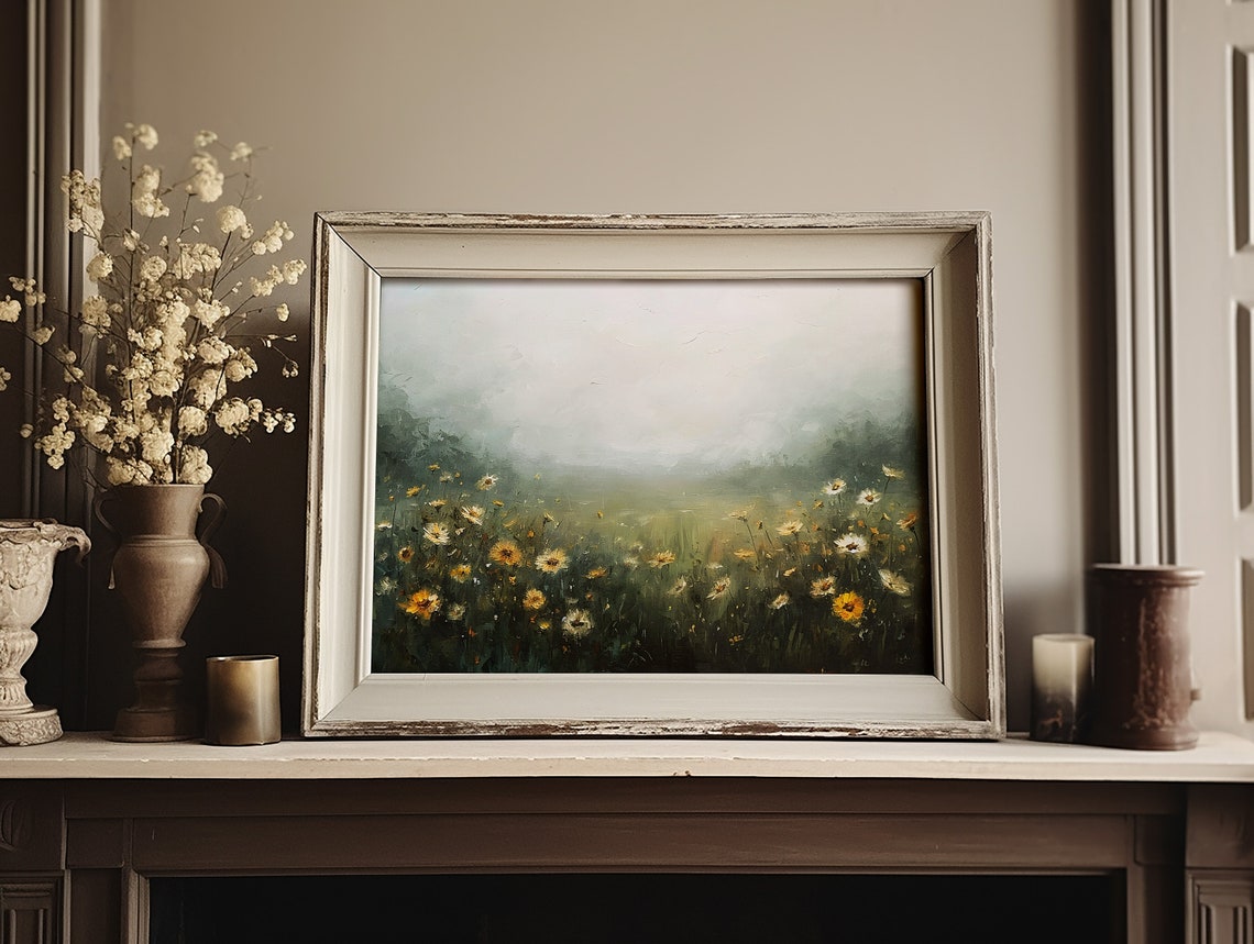 Soft Moody Misty Daisy Wildflower Field Landscape Oil Painting Poster - Image 3