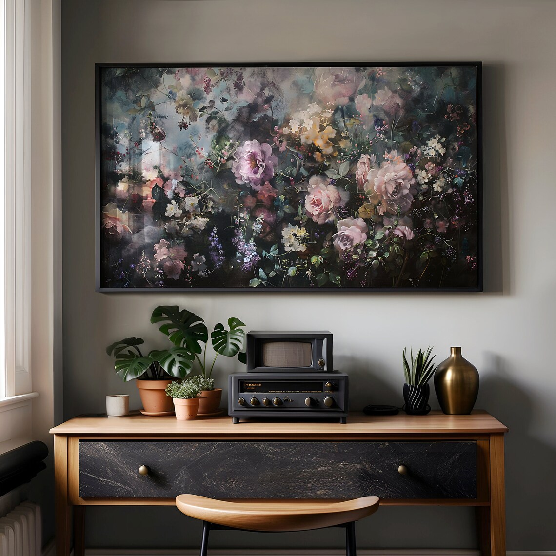 Lush Dark Floral Painting With Pink Peonies And Roses Moody Botanical Poster - Image 3