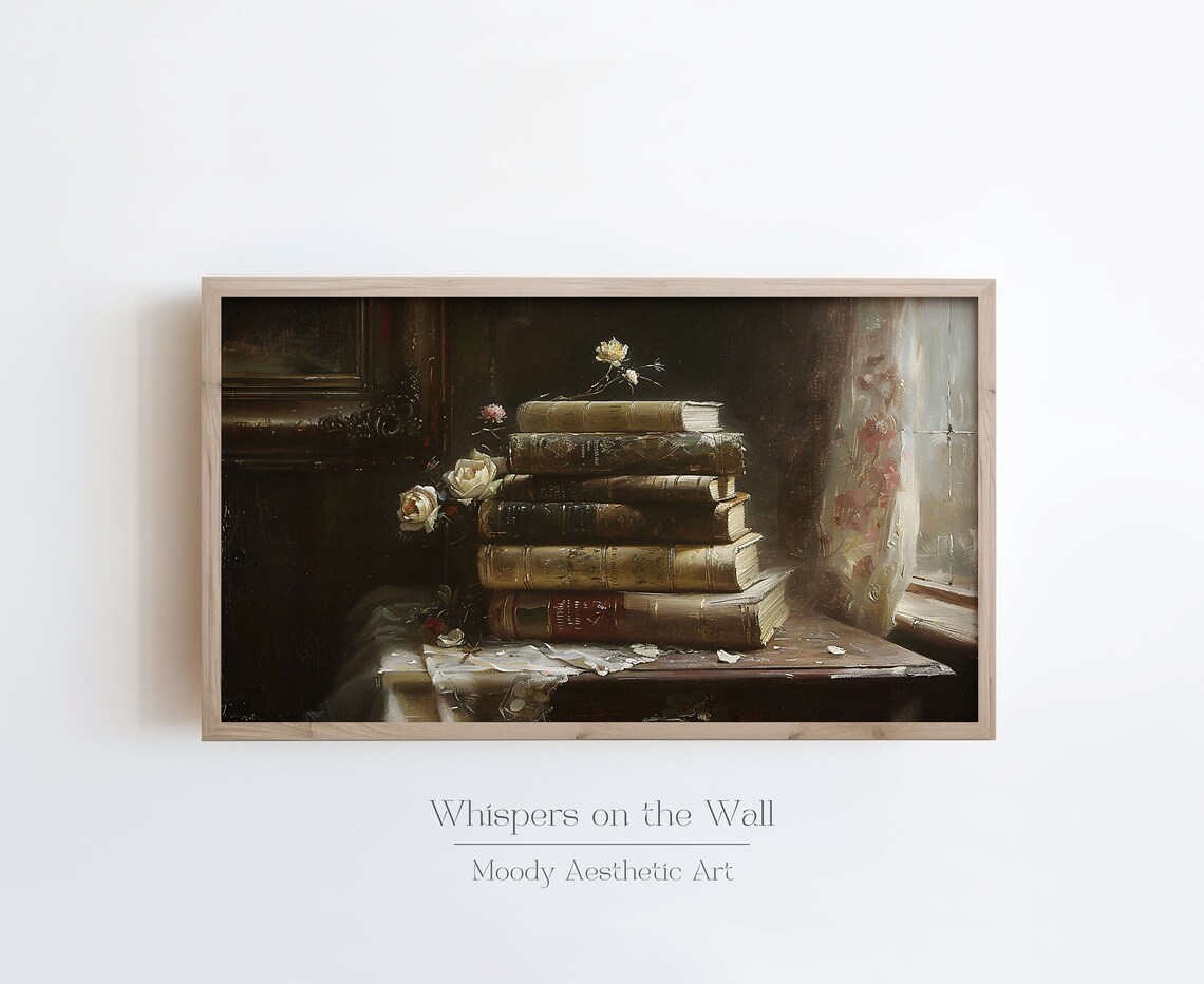 Dark Coquette Frame Tv Art Book Pile Frame Tv Art Moody Victorian Painting Feminine Decor Book Stack Artwork - Image 2