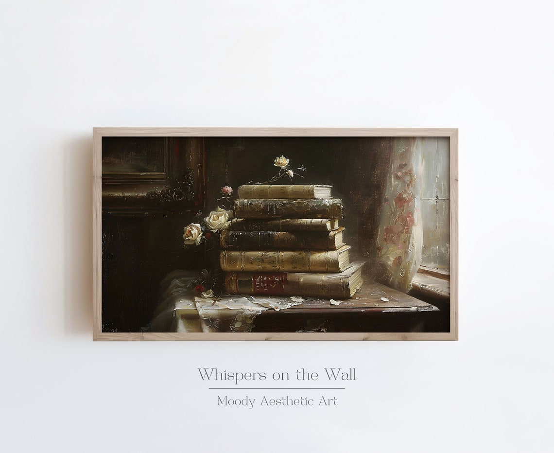 Old Books and White Roses by Window Dark Academia Painting Poster - Image 2