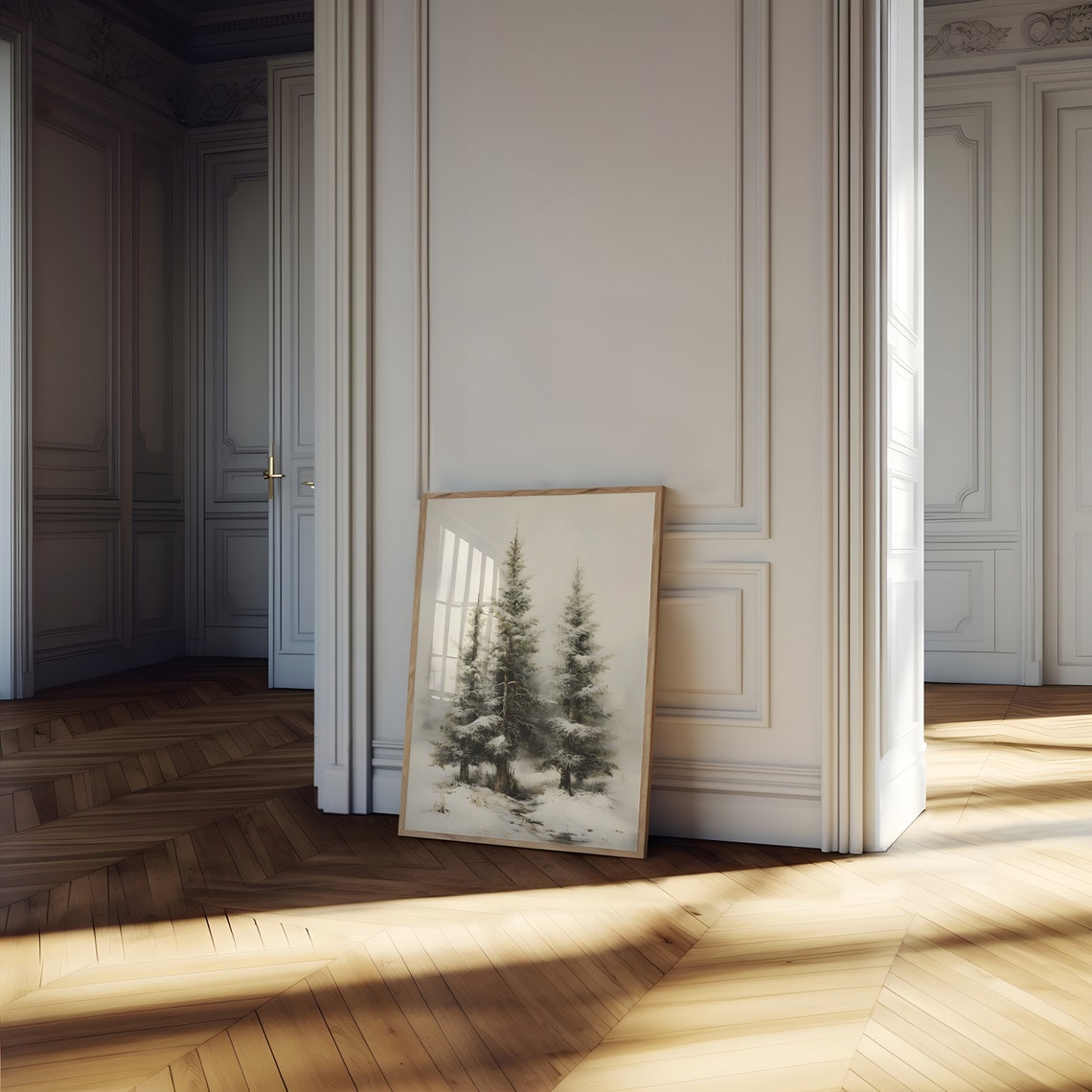 Snowy Pine Trees in Mist Neutral Winter Landscape Wall Poster - Image 2