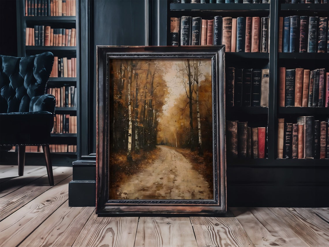 Autumn Birch Forest Golden Road Vintage Fall Landscape Oil Poster - Image 2
