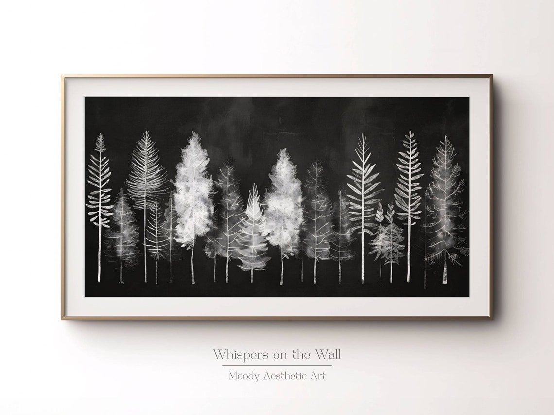 White Pine Tree Silhouettes on Black Moody Winter Forest Poster - Image 2
