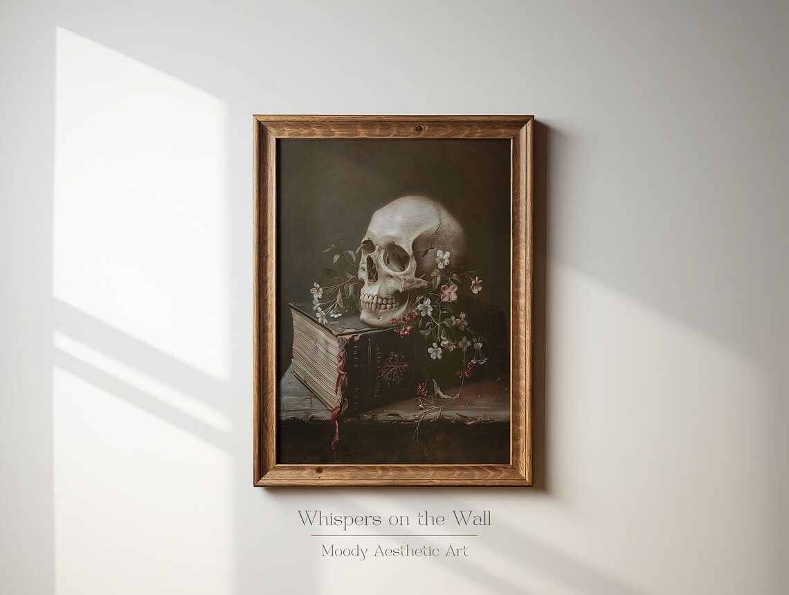 Memento Mori Skull On Antique Open Book With Delicate Flowers Still Life Poster - Image 3