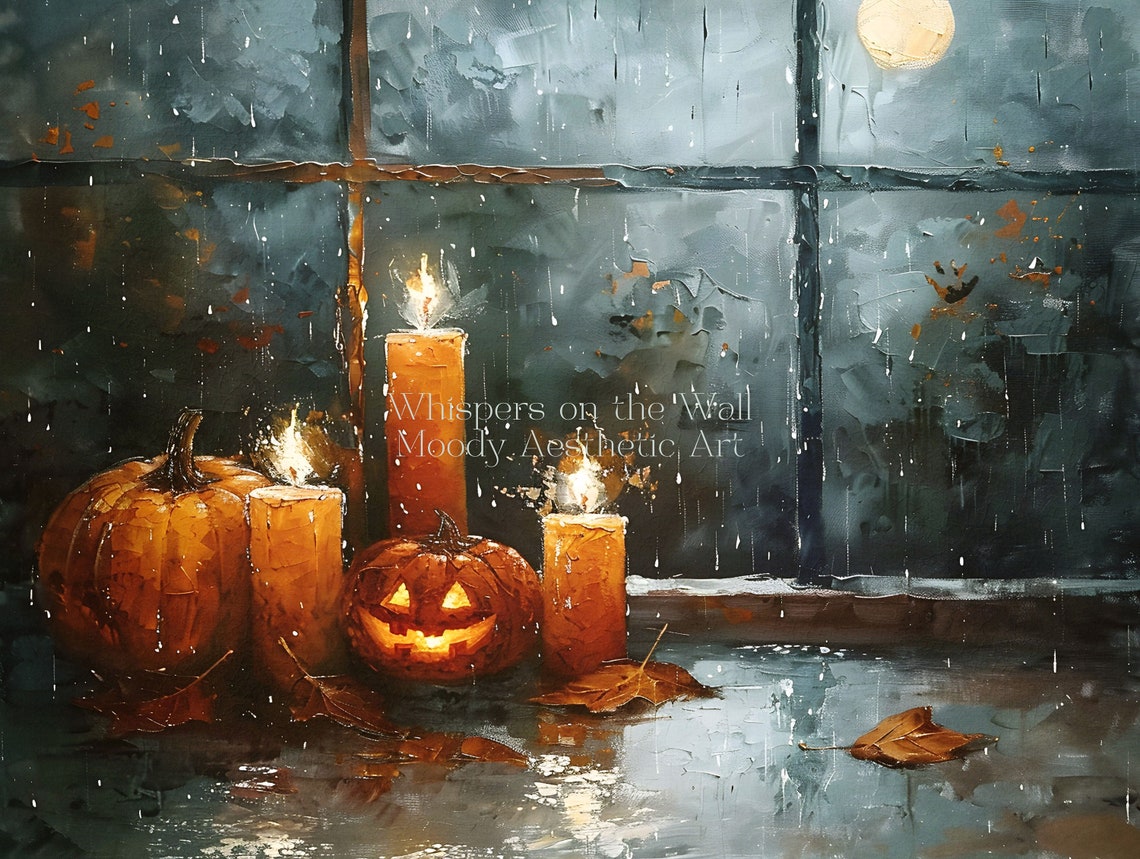 Pumpkins and Jack o Lantern by Moonlit Window Halloween Poster - Image 5