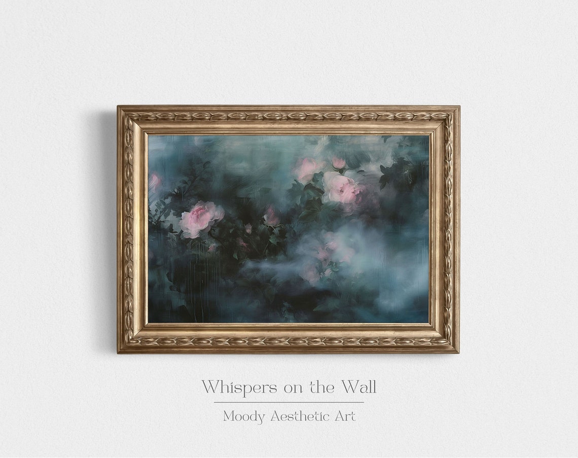 Soft Pink Impressionistic Floral Abstract on Dark Green Moody Poster - Image 2