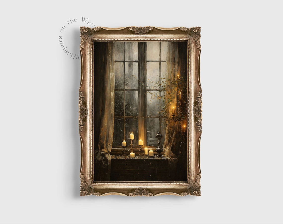 Moody Golden Candles on Rainy Window Sill Dark Academia Poster - Image 6