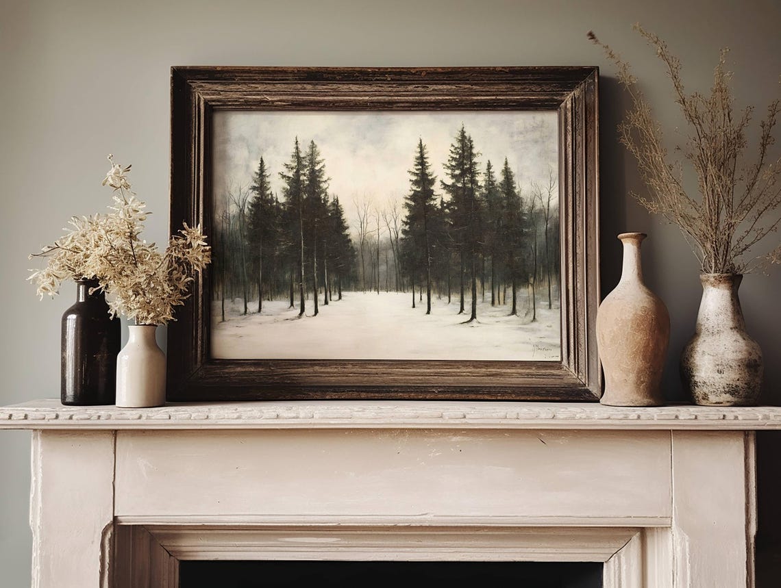 Dark Winter Pines Snowy Forest Minimalist Vintage Landscape Poster - Image 3