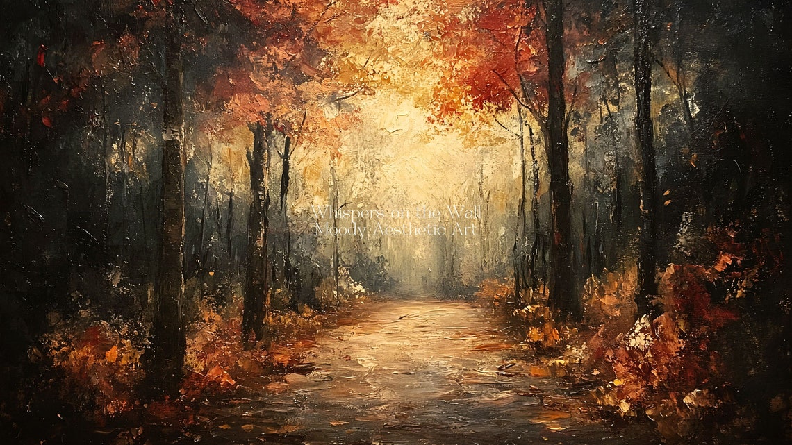 Autumn Forest Path Glowing Light Dramatic Fall Landscape Oil Poster - Image 5