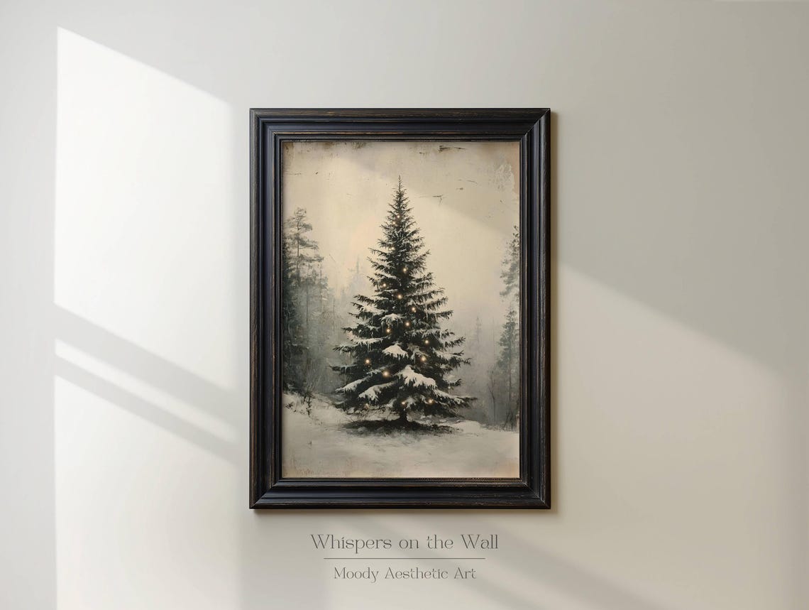 Snowy Christmas Tree with Lights Misty Forest Vintage Holiday Poster - Image 3