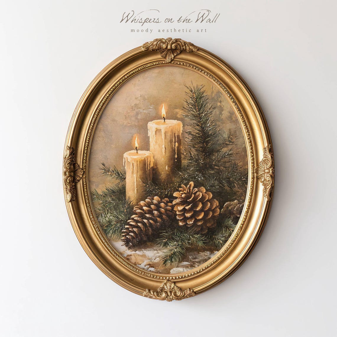 Vintage Christmas Candles Pinecones Evergreen Still Life Poster