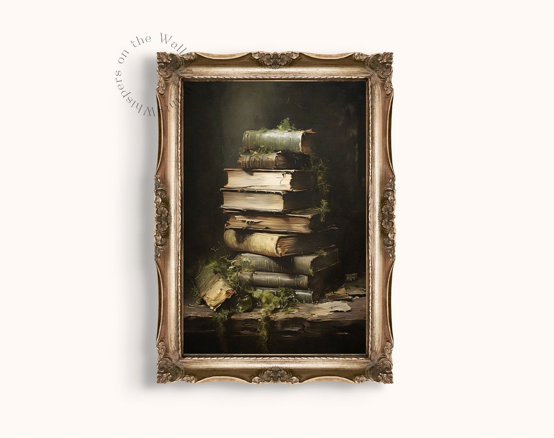 Antique Stack of Old Books with Moss Dark Academia Oil Painting Poster - Image 3