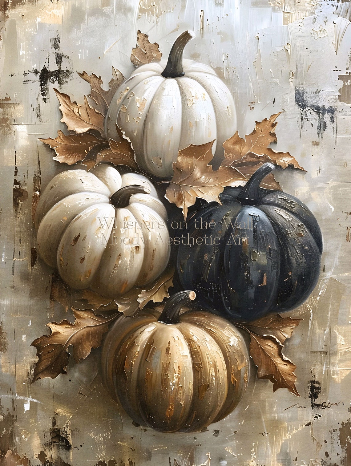 White and Black Pumpkins Stack Neutral Fall Art Painting Poster - Image 5