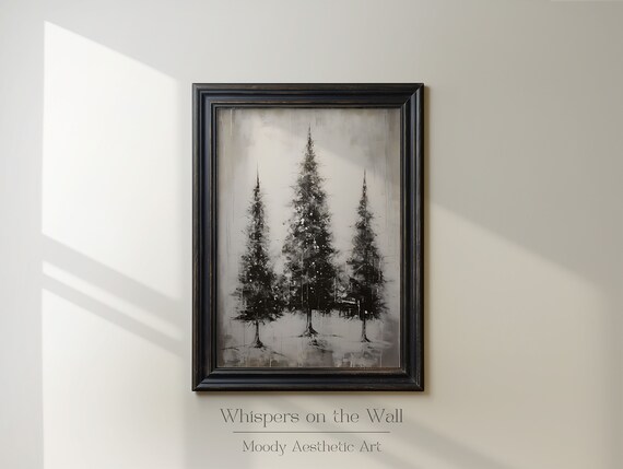 Gothic Rustic Christmas Wall Art Print Goth Winter Decor Moody Christmas Tree Painting Minimalist Art Print Dark Xmas Forest Decor