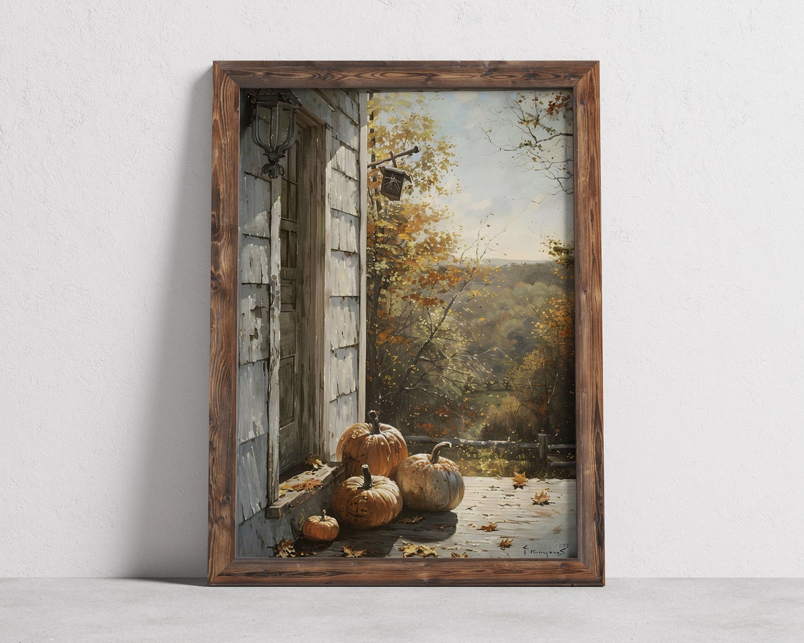Pumpkins on Rustic Porch Autumn Cottage Oil Painting Fall Poster - Image 2