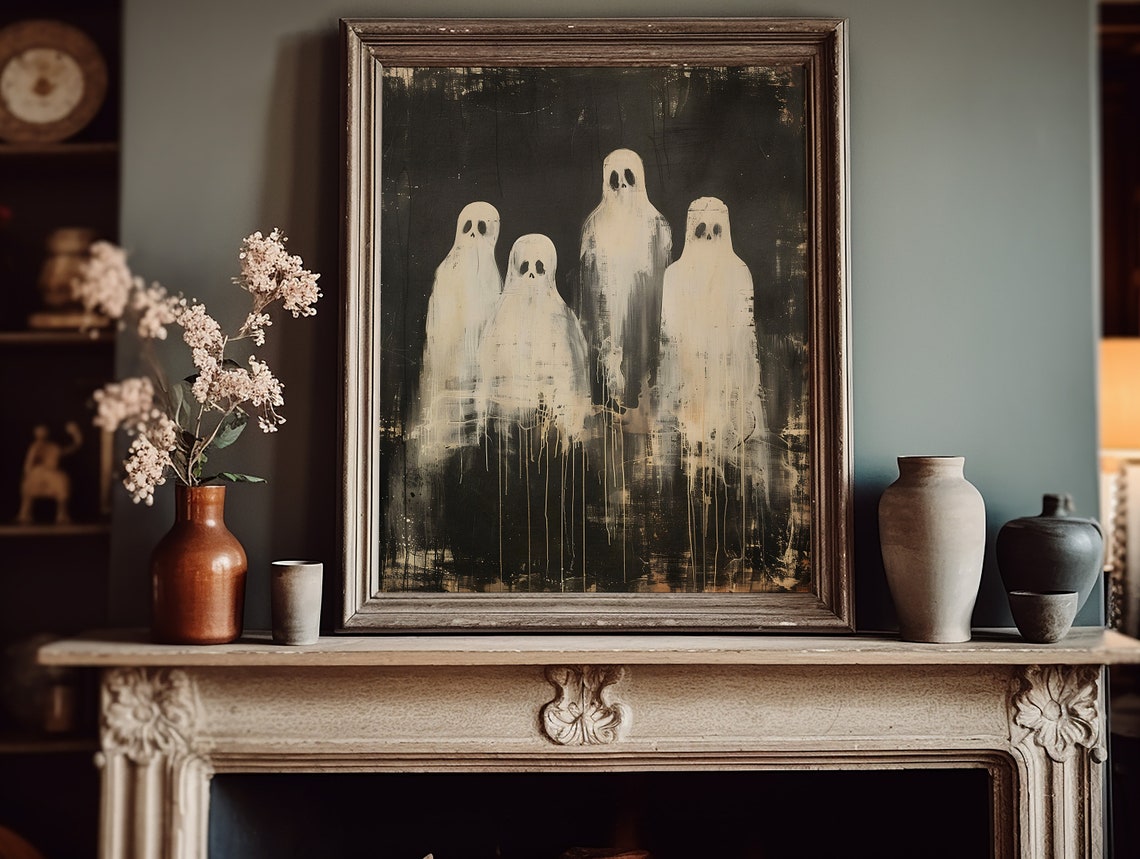 Group of Four Spooky Ghosts in Dark Dripping Vintage Painting Poster - Image 6