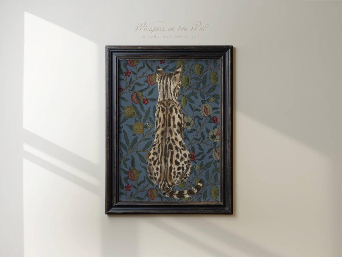 Spotted Cat From Behind On Vintage Fruit Patterned Wallpaper Poster - Image 3