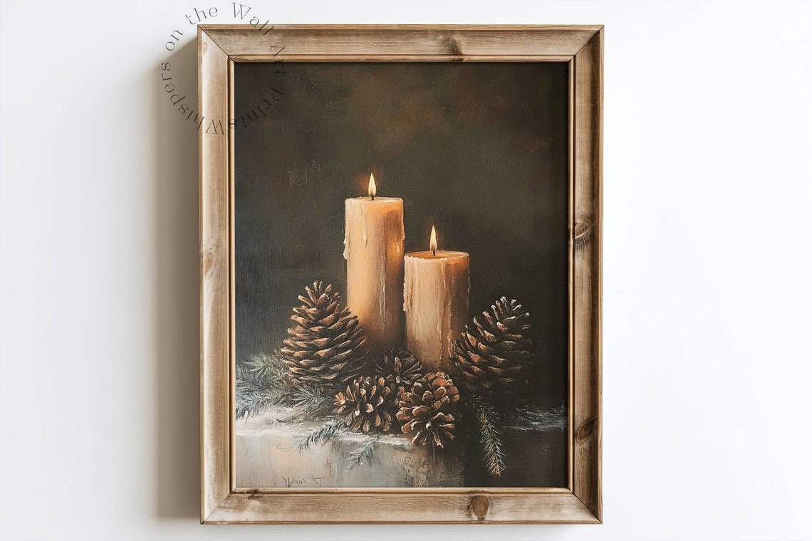 Christmas Candles with Pinecones Dark Moody Winter Still Life Poster - Image 2