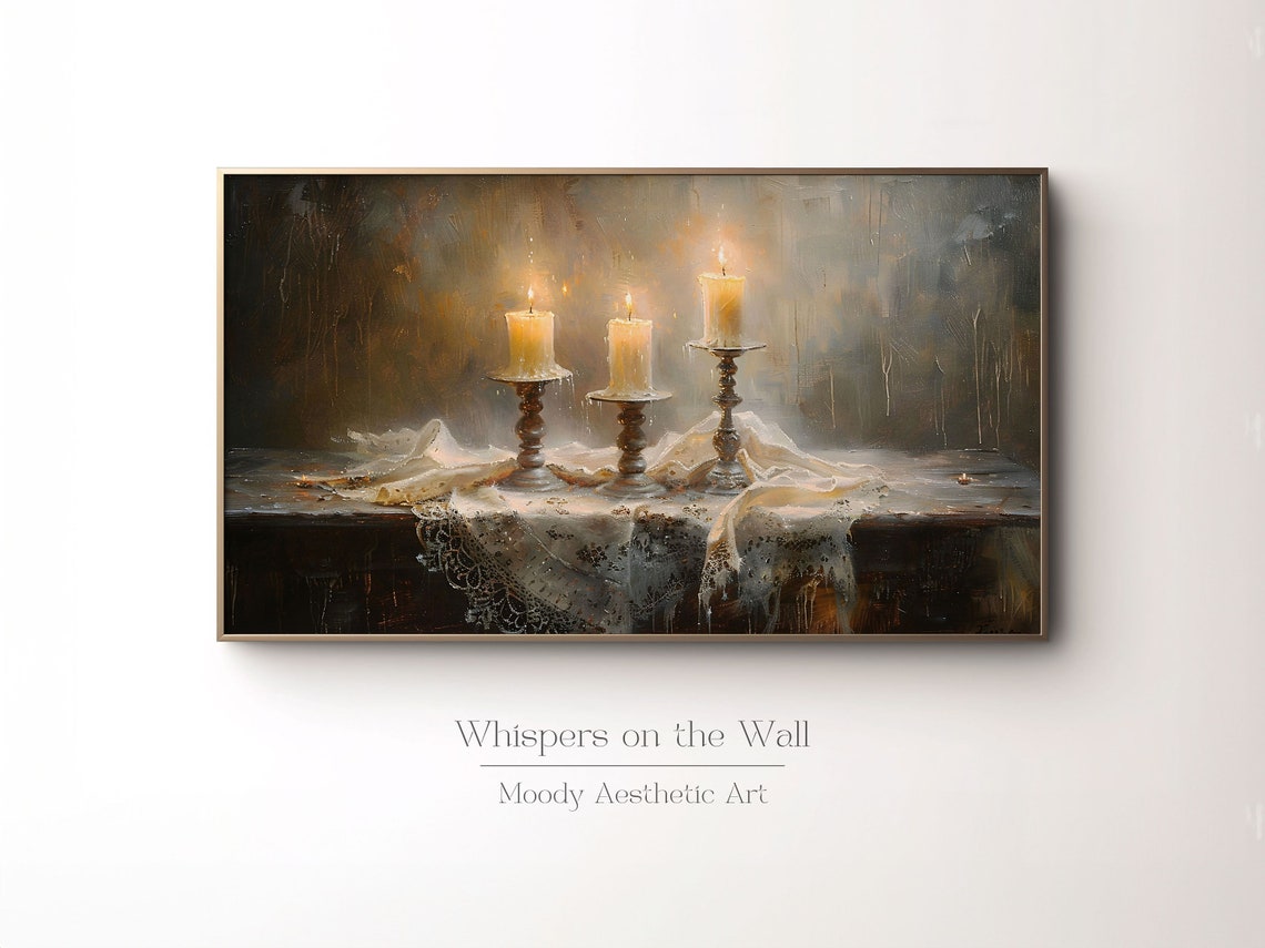 Three Lit Candles on Lace Dark Gothic Still Life Painting Poster - Image 3