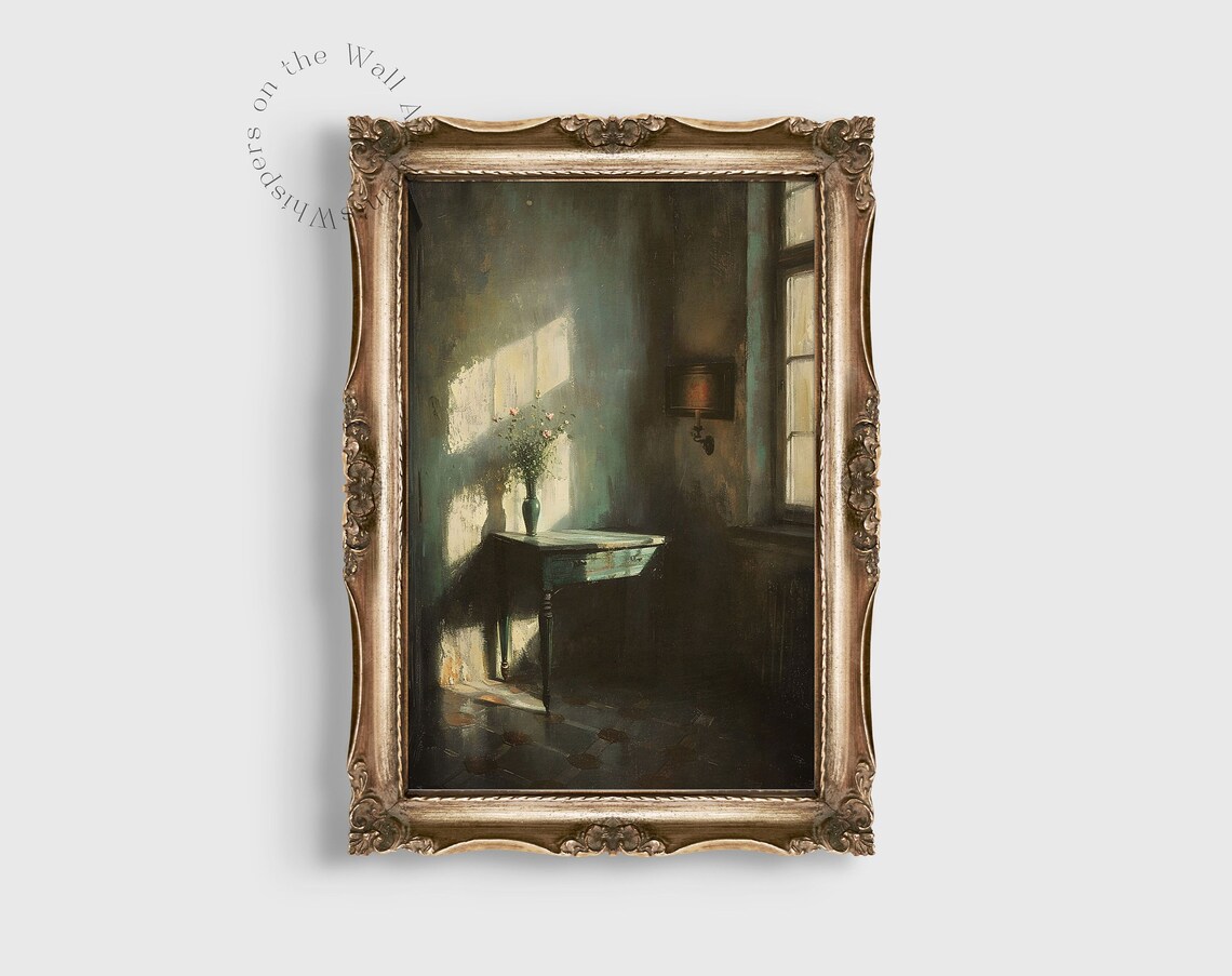 Sunlit Vintage Room Corner Moody Interior Painting With Table And Vase Poster - Image 2