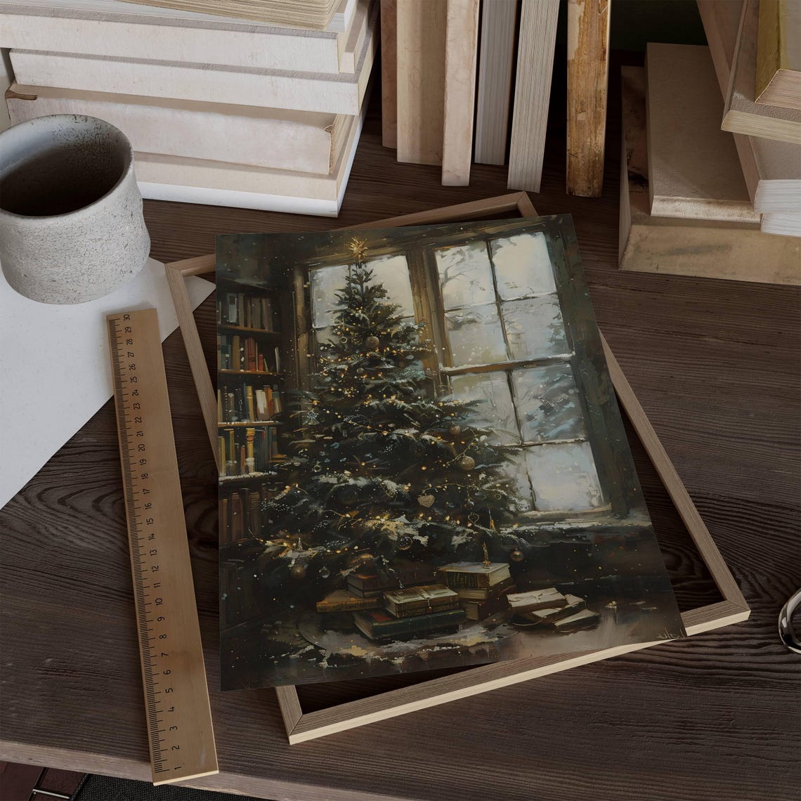 Christmas Tree in Cozy Library Window Bookish Holiday Oil Poster - Image 6