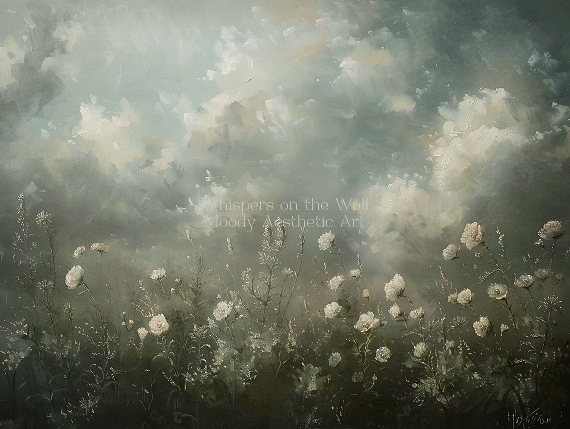 Wildflower Meadow Under Stormy Clouds Moody Landscape Painting Poster - Image 5
