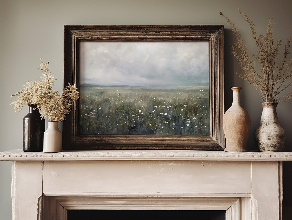 Wide Meadow Of Small White Flowers Under Cloudy Sky Landscape Poster - Image 2